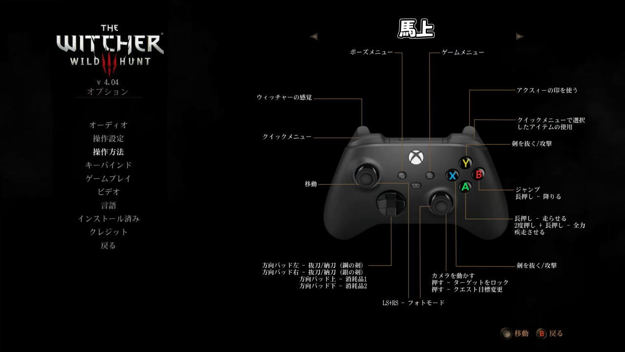 The Witcher 3のコントローラー設定:馬上