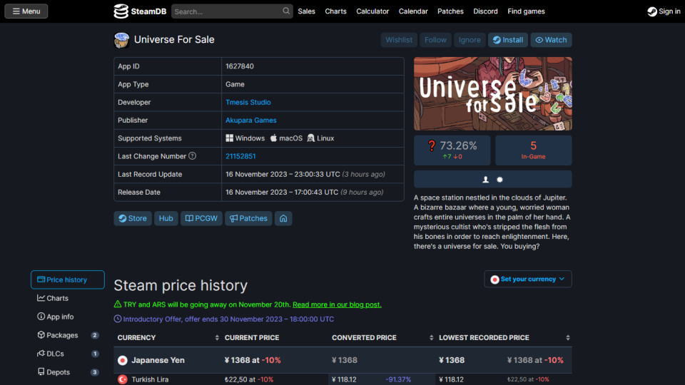 Universe For Saleの価格比較