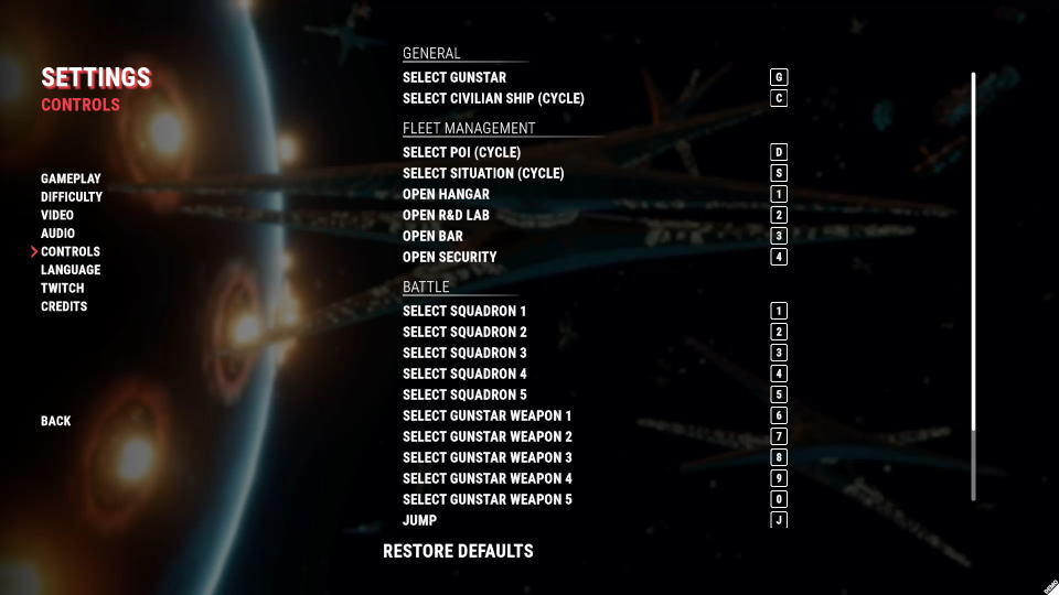 Battlestar Galactica: Scattered Hopesのキーボード設定